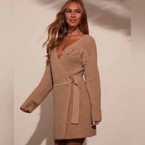 Vici Phebe Tan Wrap Mini Sweater Dress Fringe Long Sleeve Size M